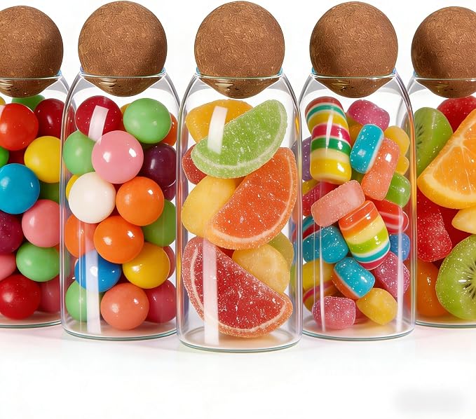 5 Pack 35oz/1000ML Glass Storage Jars with Cork Ball Lids, Airtight Clear Glass Canisters for Kitchen, Food Storage Containers for Pasta, Coffee, Candy, Snacks, with Labels & Marker