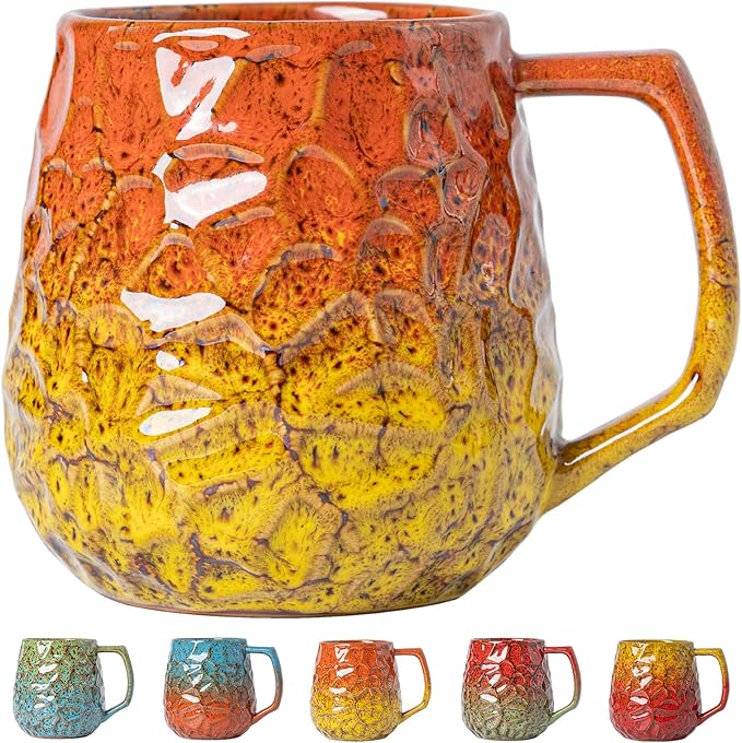 18oz Unique Orange & Yellow Kiln-Change Ceramic Coffee Mug, Handcrafted Hammered Texture Ceramic Mug with Ergonomic Handle, Microwave & Dishwasher Safe, Gift for Coffee Lovers, Home Office Daily Use