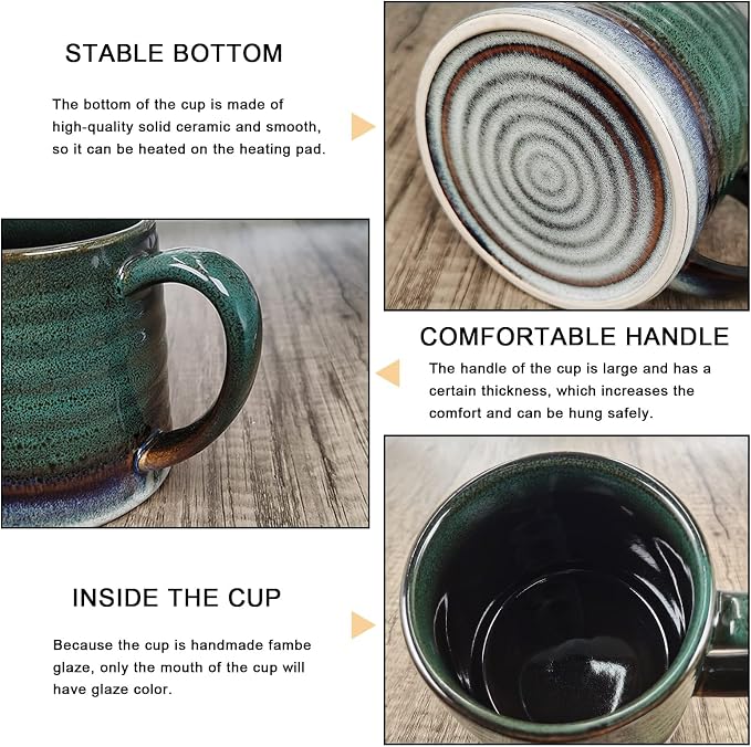 18 Oz Large Ceramic Coffee Mug, 500ml Big Handmade Pottery Tea Cup for Office and Home, Big Handle Easy to Hold, Microwave and Dishwasher Safe, Stylish Texture Glaze (Ink Green)