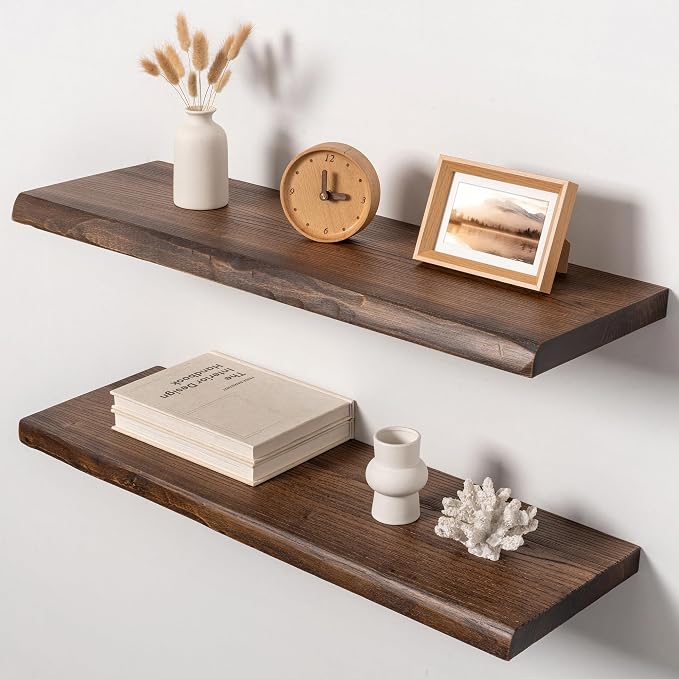 32" Live Edge Floating Shelves, Solid Elm Wood Shelf, Set of 2 | 1.4"Extra Thick, 9.3" Deep Heavy Duty Storage, Vintage Finish for Kitchen & Living Room