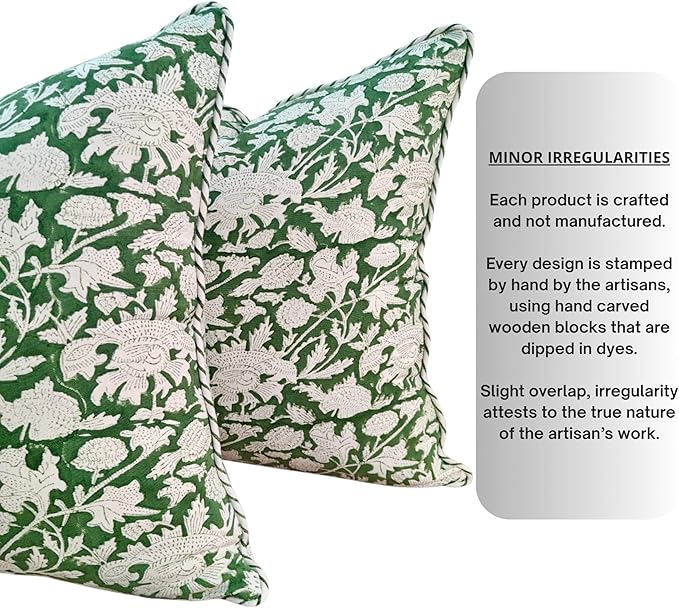 ATOSII Block Print Throw Pillow Covers, 20 X 20 - Set of 2, Decorative Couch Pillows for Living Room Bed Sofa, 100% Cotton Canvas Pillow Case for Home Decor & Outdoors, Preppy Throws - Meraki Green