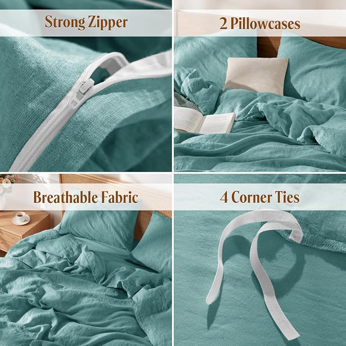 LBRO2M 100% France Linen Duvet Cover Set 3 Pcs Including 1 Flax Comforter Cover with Zipper Closure, 2 Pillowcase, Cozy Duvet Cover King Size, Aqua