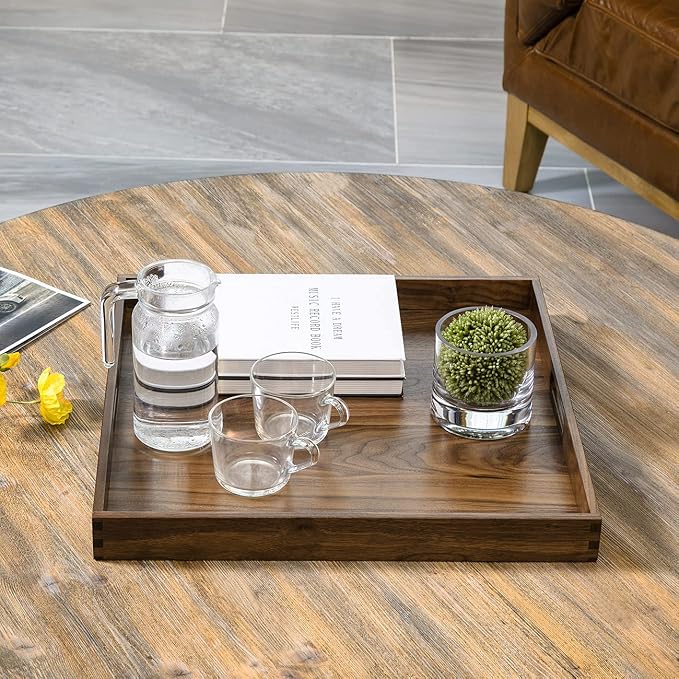 19 x 19 Inches Black Walnut Large Ottoman Tray Solid Wooden Table Square Platter Decorative Serving Tray with Handles for Oversized Ottoman Home Breakfast in Bed Tea Coffee