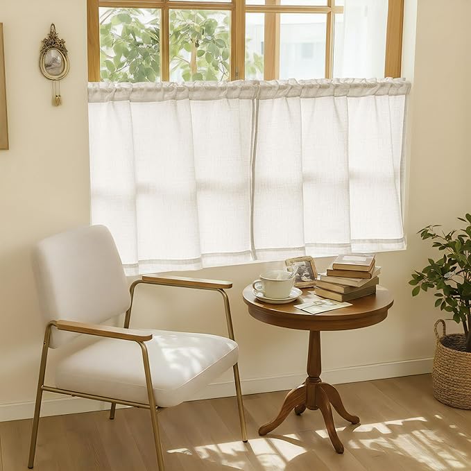 48 Inch Boho Linen Curtains for Cafe Kitchen Bedroom Bathroom Rod Pocket Semi Sheer Light Filtering Privacy Window Treatments Neutral Drapes for Small Window 2 Panels W34xL48