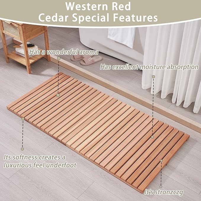 bingaai Cedar Wood Shower Mat 59" × 29.53", Cedar Wooden Bath Mats, Wood Bath Mat for Inside or Outside Shower, Cedar Sauna Floor Mat Extra Large, Non-Slip Shower Platform