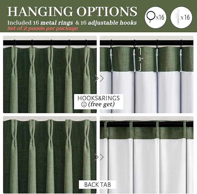 Memory Trained Dark Green Curtains for Sliding Glass Door 105 Inches Extra Long, Pleated Blackout Dual Layer Linen Blend Noise Blocking Insulated Elegant Windows Drapes 2 Panels Set with Hooks & Rings