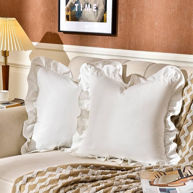 AmHoo Pack of 2 Throw Pillow Covers 100% Cotton Pre Washed Ruffle Decorative Pillowcase Cushion for Couch Sofa Bedroom 24 x 24-Inch Cream White