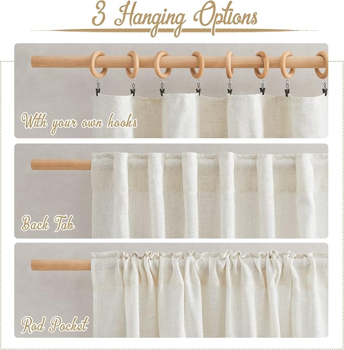NICETOWN Bedroom Curtains Natural Linen Burlap, Rustic Rod Pocket & Back Tab Semi Sheer Flax Linen Weve Drapes Privacy with Light Filtering Window Treatmentes for Nursery, W42 x L63, Set of 2