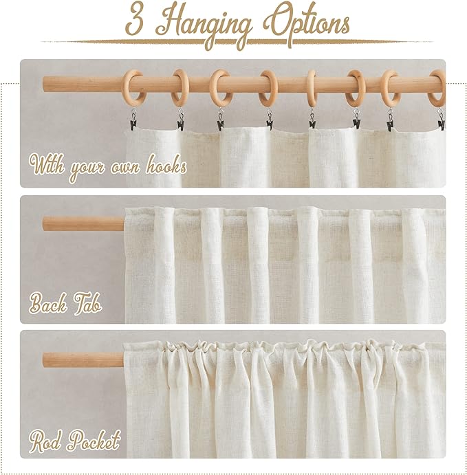 NICETOWN Semi Sheer Linen Curtains for Bedroom 63 inch Long, Rod Pocket & Back Tab Privacy Window Drapes Light Filtering for Bedroom/Nursery, Burlap, 52" W x 63" L, 2 Panels