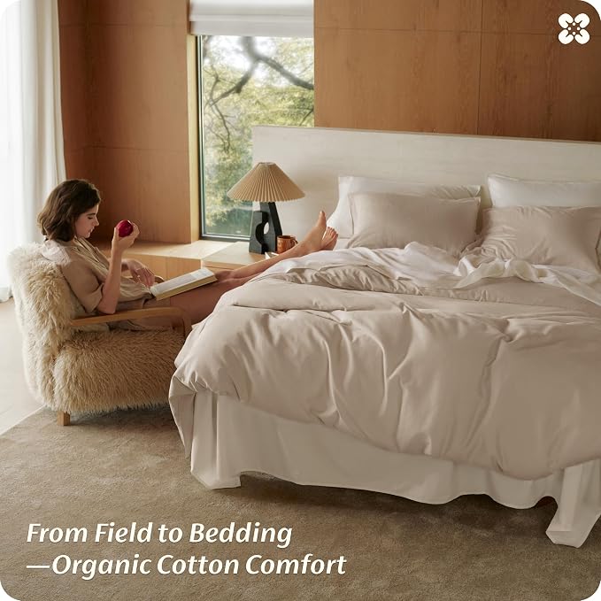 Bedsure GOTS Organic Cotton Queen Duvet Cover Set, Taupe, 90" x 90" | for Sensitive Skin—8 Interior Ties Keep Insert Secure, Hidden Zipper, Breathable Comfort in Ivory with 2 Pillow Shams