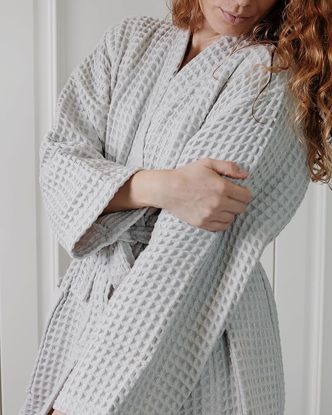 100% Cotton Waffle Kimono Bathrobe for Men & Women, Cozy Leisurewear with Functional Pockets, Comfortable Robe for Relaxation