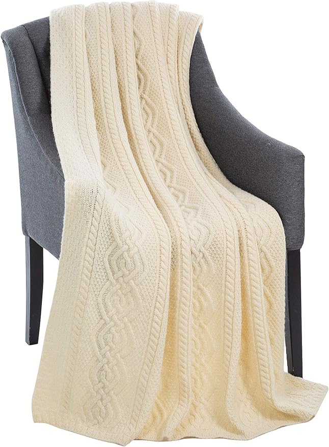 SAOL Luxurios Dara 100% Merino Wool Cable Knit Aran Bed & Couch Sofa Throw/Blanket (Natural) by 69 x 44 inches