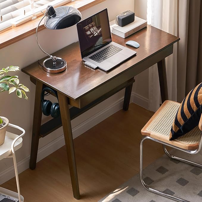 YESWOOD 100% Solid Rubber Wood Desk, Mid Century Modern Writing Computer Desk in Walnut Finish with Drawer for Home Office, Sturdy Room, Bedroom 31.49" W