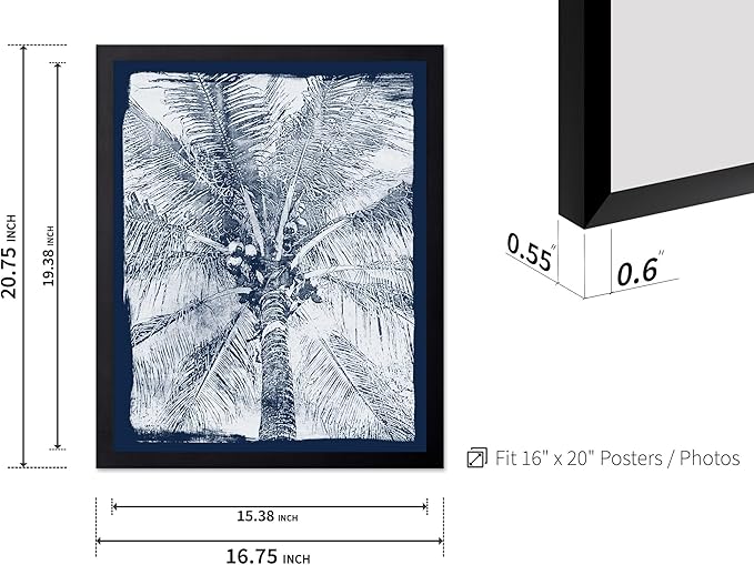 Monem Art Coastal Palm Tree Cyanotype Print - Blue and White Tropical Botanical Design Poster - Wall Decor for Beach House, Bedroom or Living Room - 16x20 Black Framed Wall Art by Renee Stramel