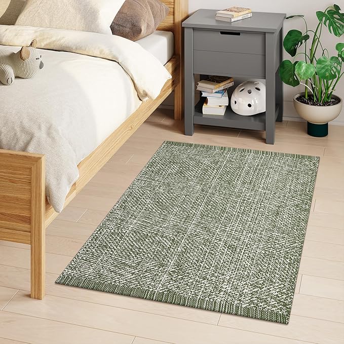 LEEVAN Washable Kitchen Rugs 3x5, Green Bedroom Rug, Cotton Woven Entryway Rug, Modern Braided Door Mat, Farmhouse Living Room Rugs, Reversible Carpet for Laundry Room Front Porch Outdoor Doormat