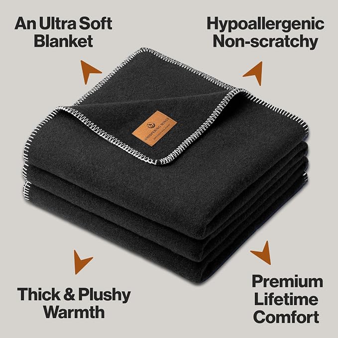 Whispering Winds 100% Wool Blanket, Premium Queen Size (90"x90") | Soft, Warm, Thick, Comfortable, For Bed, Couch, Home, Car, Camping, Outdoors, Survival