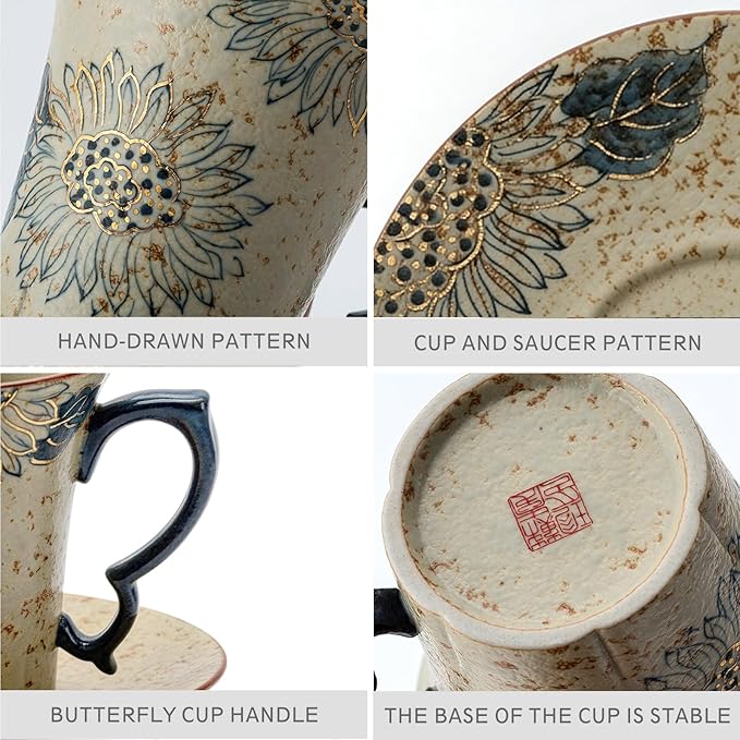 Handmade Sunflower Espresso Cups, Vintage Ceramic Coffee Mug with Saucer, Novelty Tea Cup Set of 1, Dishwasher & Microwave Safe Demitasse for Coffee, Latte, Americano, Tea, 6 oz