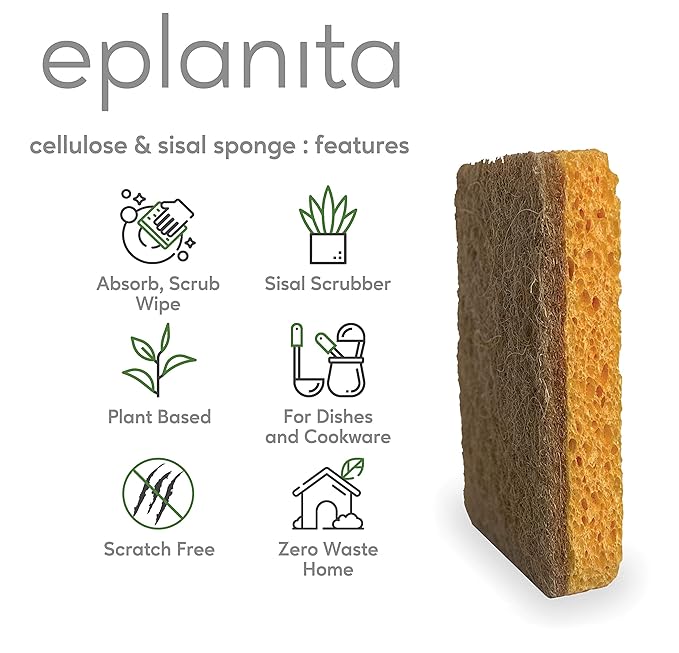 eplanita Natural Plant Based Scrub Sponges (6 Pack), Non-Scratch, Biodegradable Eco Scourers for Kitchen and Bathroom