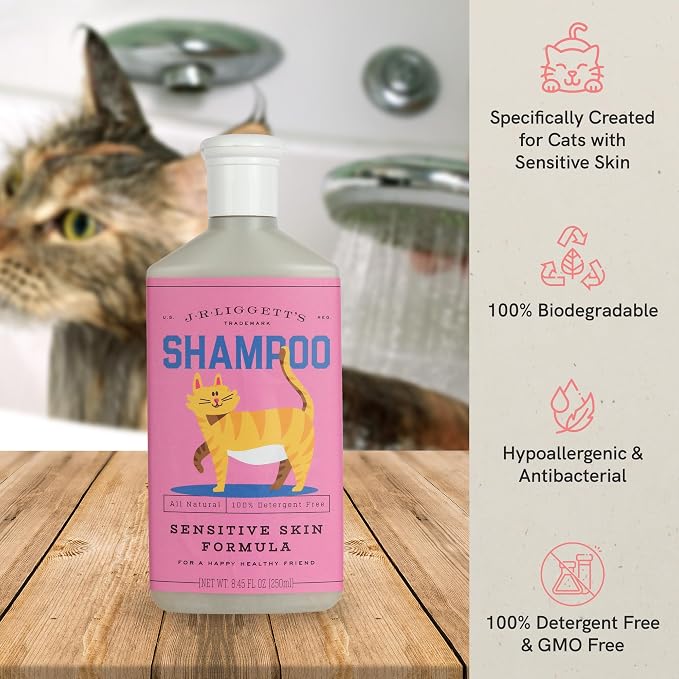 J.R.LIGGETT'S Liquid Cat Shampoo, Natural Cleansing Liquid for Cats with Sensitive Skin, Hypoallergenic Feline Formula Gently Deep Cleans with No Essential Oils, Detergent-Free, 8.45 oz