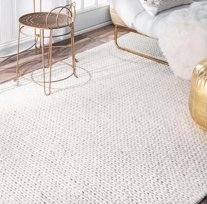 FRELISH DECOR Wool Cotton Area Rug for Living Room and Bedroom, 6'x9' Handwoven Braided Chunky Knit Cable Rugs, Farmhouse Contemporary Area Rug: Wool Ivory Premium