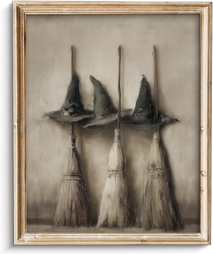 Vodefoad Vintage Witch Hats and Brooms Print, Spooky Gothic Halloween Decor, Halloween Home Decor Wall Art, Retro Moody Halloween Wall Art for Gallery, Living Room, Bathroom, Bedroom,Holiday Gift - 8x10Inch Unframe