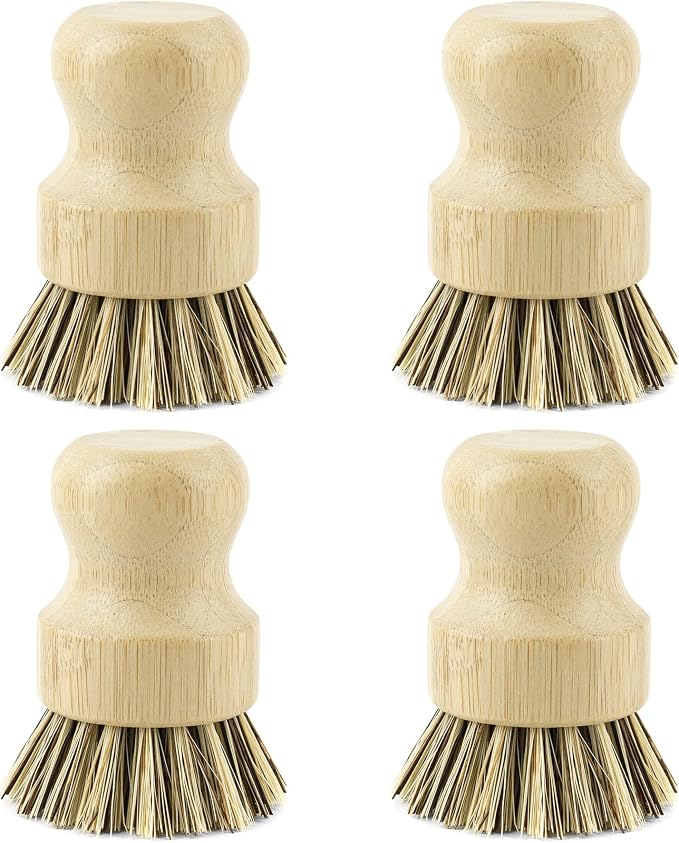 AUEAR, Natural Bamboo Dish Scrub Brush Cleaning Pot Scrubber Brushes Coconut Bristles for Cast Iron Skillet Pots Pans (4 Pack)