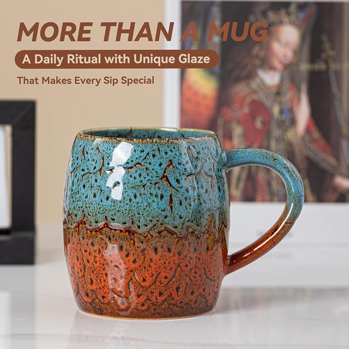 Handmade 22oz Ceramic Coffee Mug, Ergonomic Large Handle, Ideal Gift for Coffee Lovers, Microwave & Dishwasher Safe (Bas-Relief - Blue&Orange)