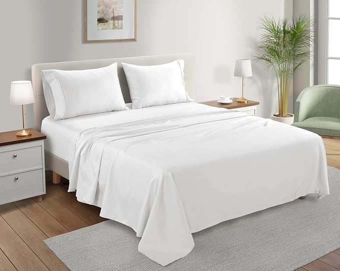 100% Organic Cotton Sheets King Size Sheets Set with Fully Elasticated Fitted Sheet & Pillowcase Sets, 300 TC Hotel Collection Deep Pocket King Sheet Set, No Pill Soft Breathable Luxury White Bedding