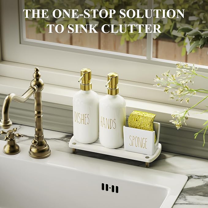 Cisily Kitchen Soap Dispenser Set Comes with Ceramics Sponge Holder, Gold Pumps, and Instant Dry Tray, Hand and Dish Soap Dispenser Set (4, Gold + Off White + Sponge Holder)