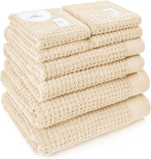 Softerry Waffle Bath Towel Set - 100% Soft Cotton - Plush and Extra Absorbent - Luxury Hotel & Spa Quality - Fade Resistant - Eco-Friendly (Natural, Set of 8 Towels)