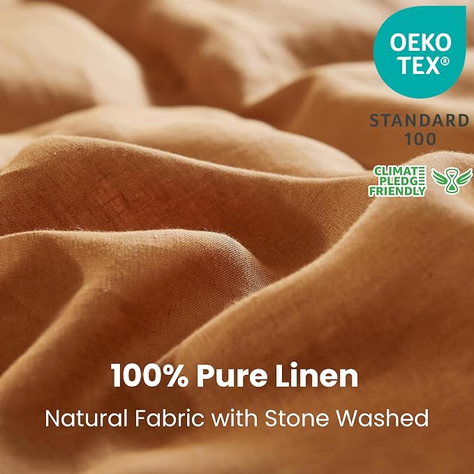 Simple&Opulence 100% Linen Duvet Cover Set 2pcs with Coconut Button Closure Natural French Washed Flax Solid Color Soft Breathable Farmhouse Bedding - Rust, Twin Size