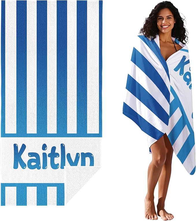 JML Personalized Beach Towel with Name, Custom Cabana Stripe Beach Towel, Customized Microfiber Pool Towel, Quick Dry & Absorbent Swim Towel for Adult,Mother's Day, Birthday, Summer Holiday,Vacation