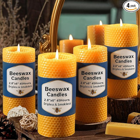 Beeswax Pillar Candles 4 Pack, Beeswax Candle Non-Toxic for Home | Natural Beeswax,Non-toxic,Emergency Candle,Organic,Handmade,Unscented,Long Burning,2.8x6 Inch,Prayer,Bees Wax Candles