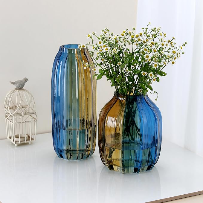 Christmas Flower Glass Vase Blue Gold Two-Toned Floreros Unique Decorative Vase 12.0" Vases Decorations for Centerpieces, Home Decor,Bouquet,Holiday Table