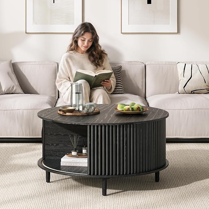 JOINICE 31.5" Round Coffee Table with Storage for Living Room, Black | Hidden Storage,Fluted Sliding Door,Modern Center Table for Small Apartments,Solid Wood Legs,Easy Assembly,Up to 110 lbs