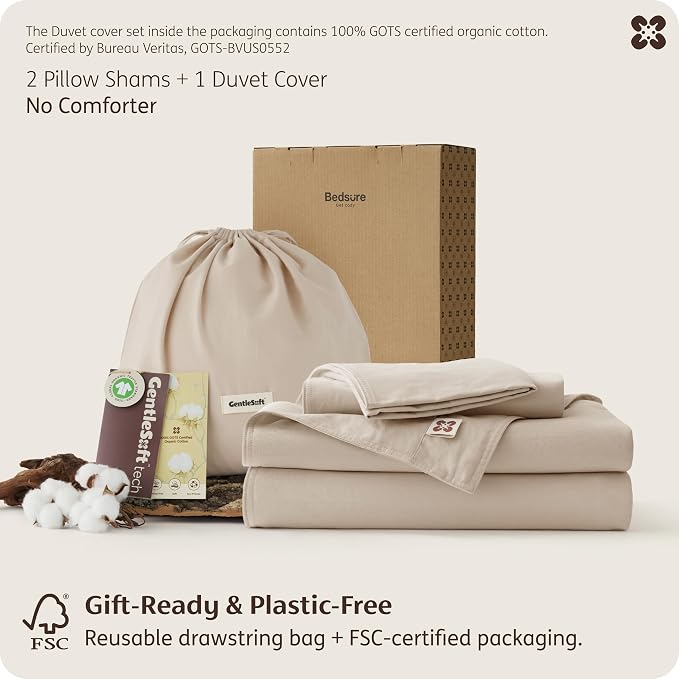 Bedsure GOTS Organic Cotton King Duvet Cover Set, Taupe, 104" x 90" | for Sensitive Skin—8 Interior Ties Keep Insert Secure, Hidden Zipper, Breathable Comfort in Ivory with 2 Pillow Shams