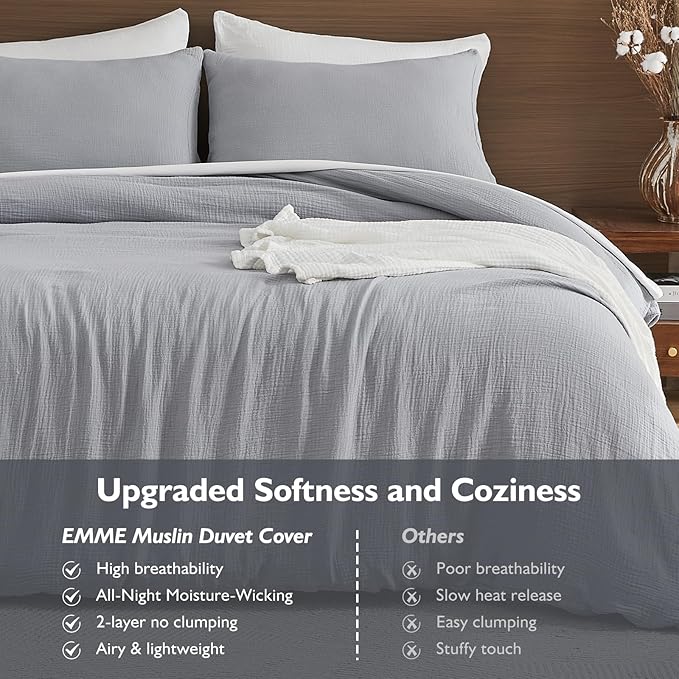 EMME Muslin Cotton Duvet Cover Set Light Grey Twin Size Linen Like Soft Breathable Lightweight Summer Comforter Cover Set with Zipper Closure (Light Grey, Twin, 68"x90")