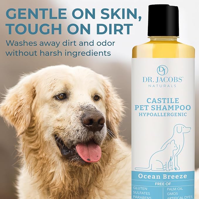 Dr. Jacobs Naturals Castile Pet Shampoo - Gentle Cat & Dog Wash with Pure Castile Soap - Plant-Based Dog Shampoo with Olive Oil, Coconut Oil, Shea Butter, Aloe Vera, Vitamin E - Ocean Breeze