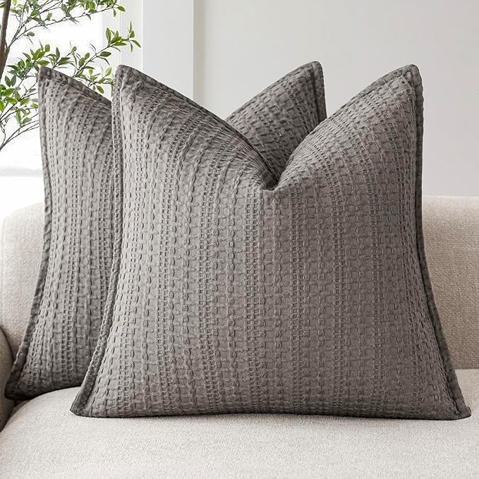 Foindtower Set of 2 Decorative Cotton Waffle Weave Throw Pillow Covers Euro Shams Cushion Covers Accent European Pillowcase for Bed Couch Sofa Bedroom Living Room Home Decor 20×20 Inch Taupe Gray