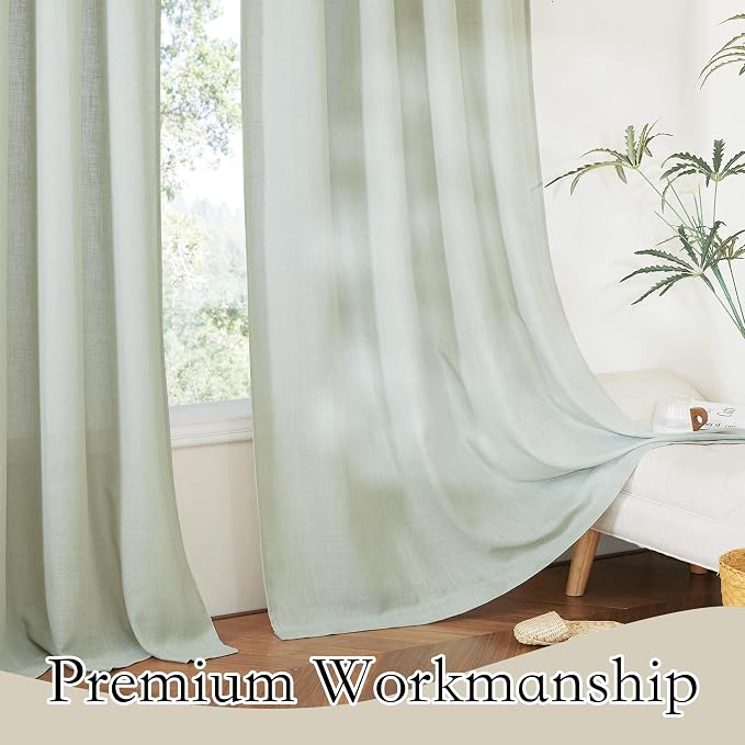 RYB HOME Sage Green Linen Blend Semi Sheer Curtains, 2 Panels Set, Light Filtering, Privacy Protected, Drapes for Living Room, 52 x 84 inch