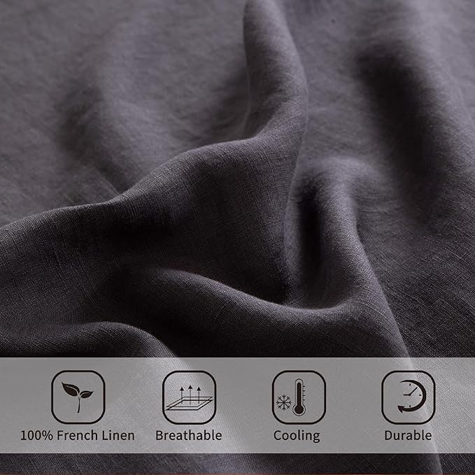 ATLINIA 100% Pure Flax Linen Bedding Set - Stone Washed French Linen Fabric Deep Pocket Fitted Sheet Farmhouse Flat Sheet 2 Pillowcases (Dark Grey, Full)
