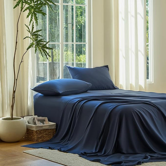 DOZ Sheet Set, 100% Viscose derived from Bamboo, Organically Grown, Buttery Soft, Cooling Sheets, High GSM, Deep Pockets - 2 Piece - 1 Pillowcase 1 Fitted Sheet (Sapphire, Twin)
