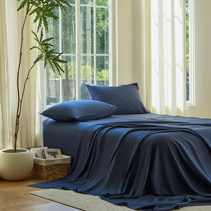 DOZ Sheet Set, 100% Viscose derived from Bamboo, Organically Grown, Buttery Soft, Cooling Sheets, High GSM, Deep Pockets - 3 Piece - 2 Pillowcases 1 Fitted Sheet (Sapphire, Queen)
