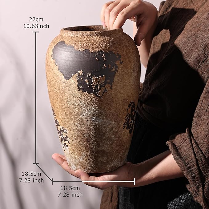 Rustic Ceramic Vase, 10.6 Inch Wabi Sabi Decorative Pottery Flower Vase, Vintage Neutral Vase for Centerpieces, Living Room, Shelf, Entryway, Wedding, Table Decoration