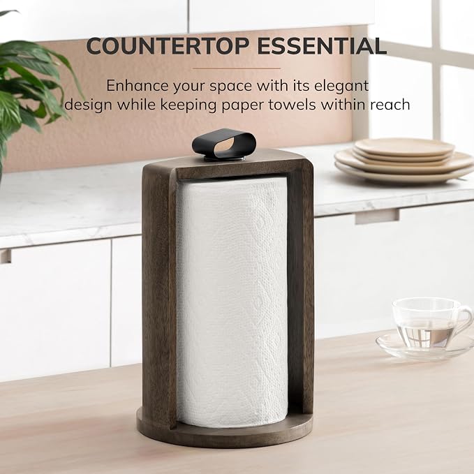 Anji Mountain Wooden Paper Towel Holder with Iron Holder, Holder Stand for Kitchen Roll Organizer & Kitchen Dining Table Home Décor, Countertop Fits Jumbo & Mega Rolls - Chocolate/Black, Top Load