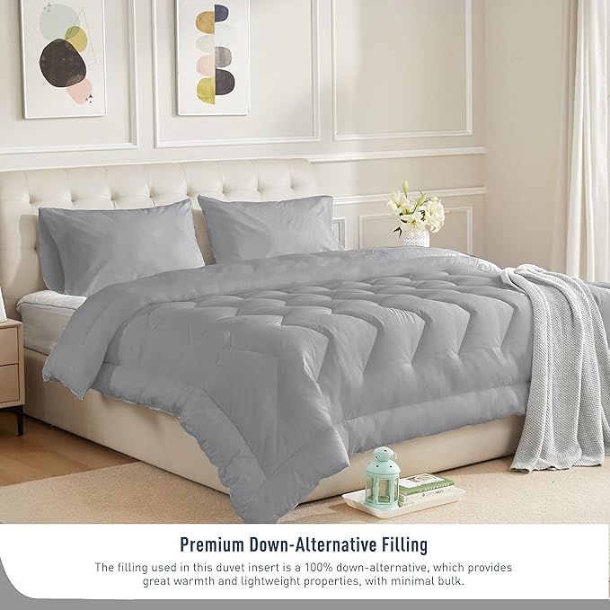 King Size Duvet Insert 100% Cotton Shell Down Alternative Comforter Dark Gray Quilted Fluffy Duvet Insert Lightweight All Season with 8 Corner Tabs Breathable Soft
