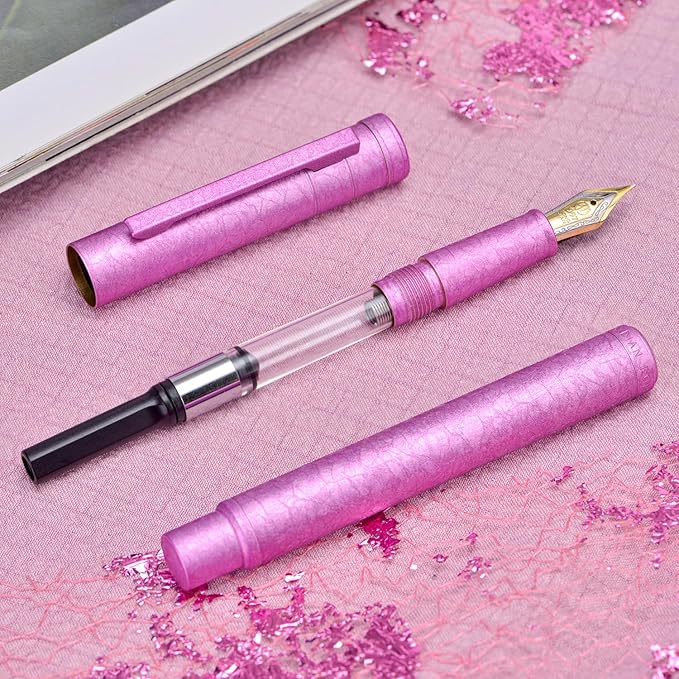 Hongdian 1851 Forest Fountain Pen Pink Ice Flowers, Extra Fine Nib Classic Design with Converter and Metal Pen Case