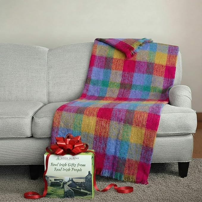 Biddy Murphy Ultra Soft Irish Mohair & Wool Throw Blanket, Made in Ireland, 54"x72", Bright Pink Mustard Purple & Aqua Block Check
