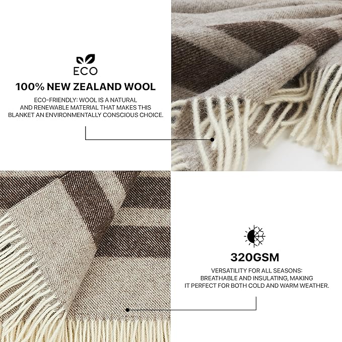 | Wool Blanket/Throw | 100% New Zealand Wool | Perfect for Home and Outdoors | Virgin Wool Blanket with Fringes 55"x79"(140 x 200 cm) (Latte Grey)