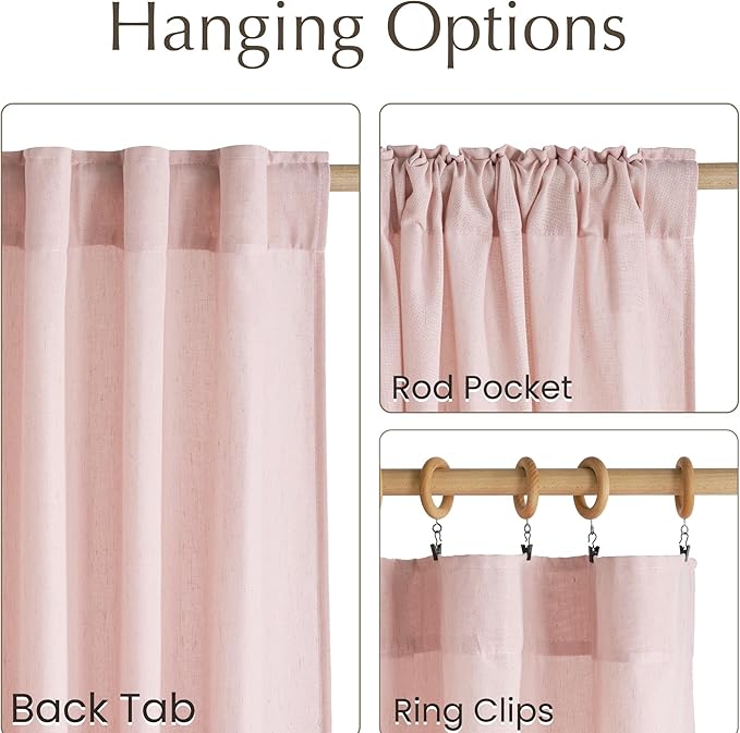 NICETOWN Linen Light Pink Curtains Semi Sheer for Girls Room, Rod Pocket & Back Tab Thick Flax Blend Privacy Assured with Light Filtering Window Treatments for Kids Room, W55 x L84, 2 Panels